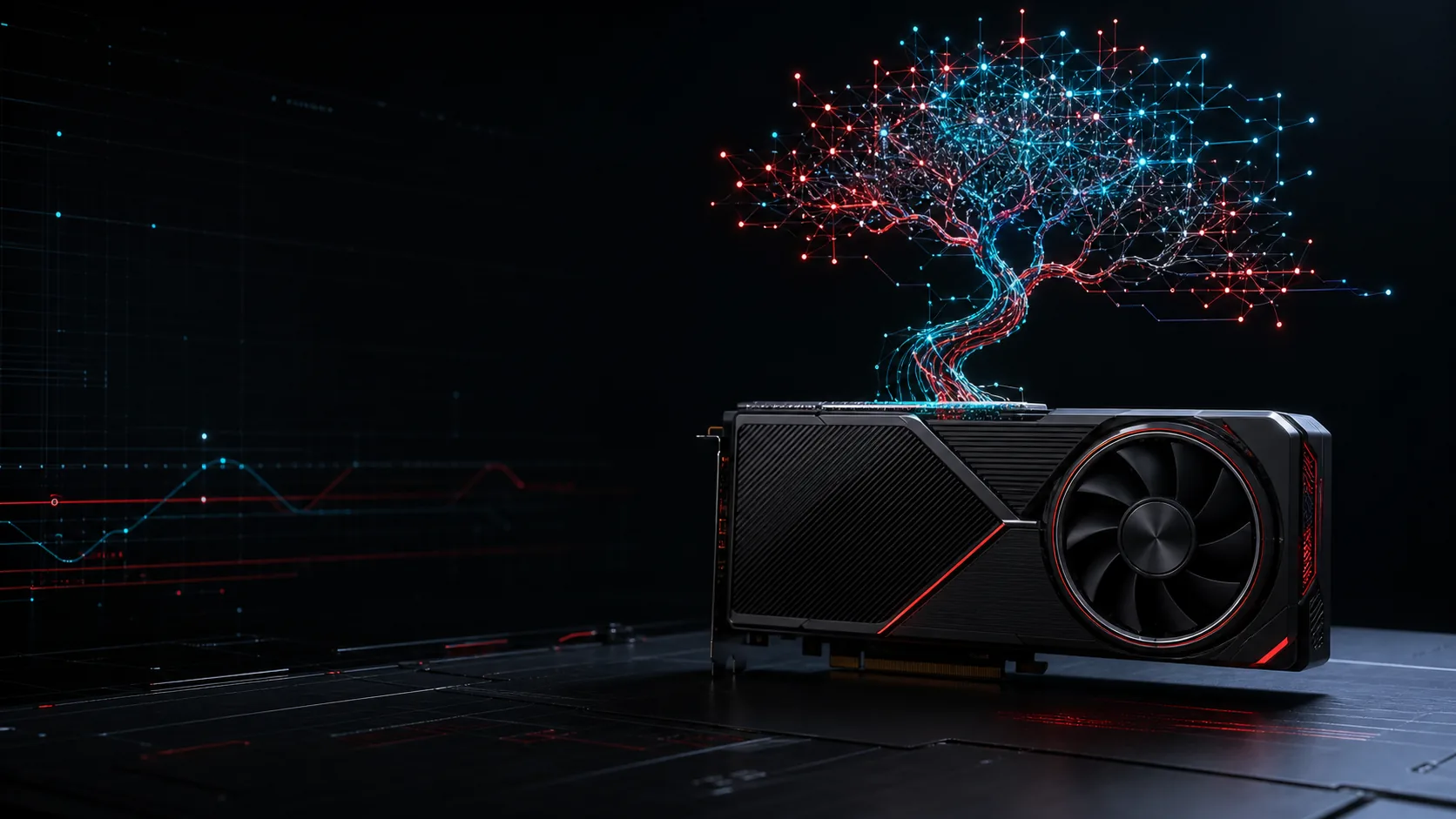 Technical illustration of a graphics card powering a luminous neural bonsai