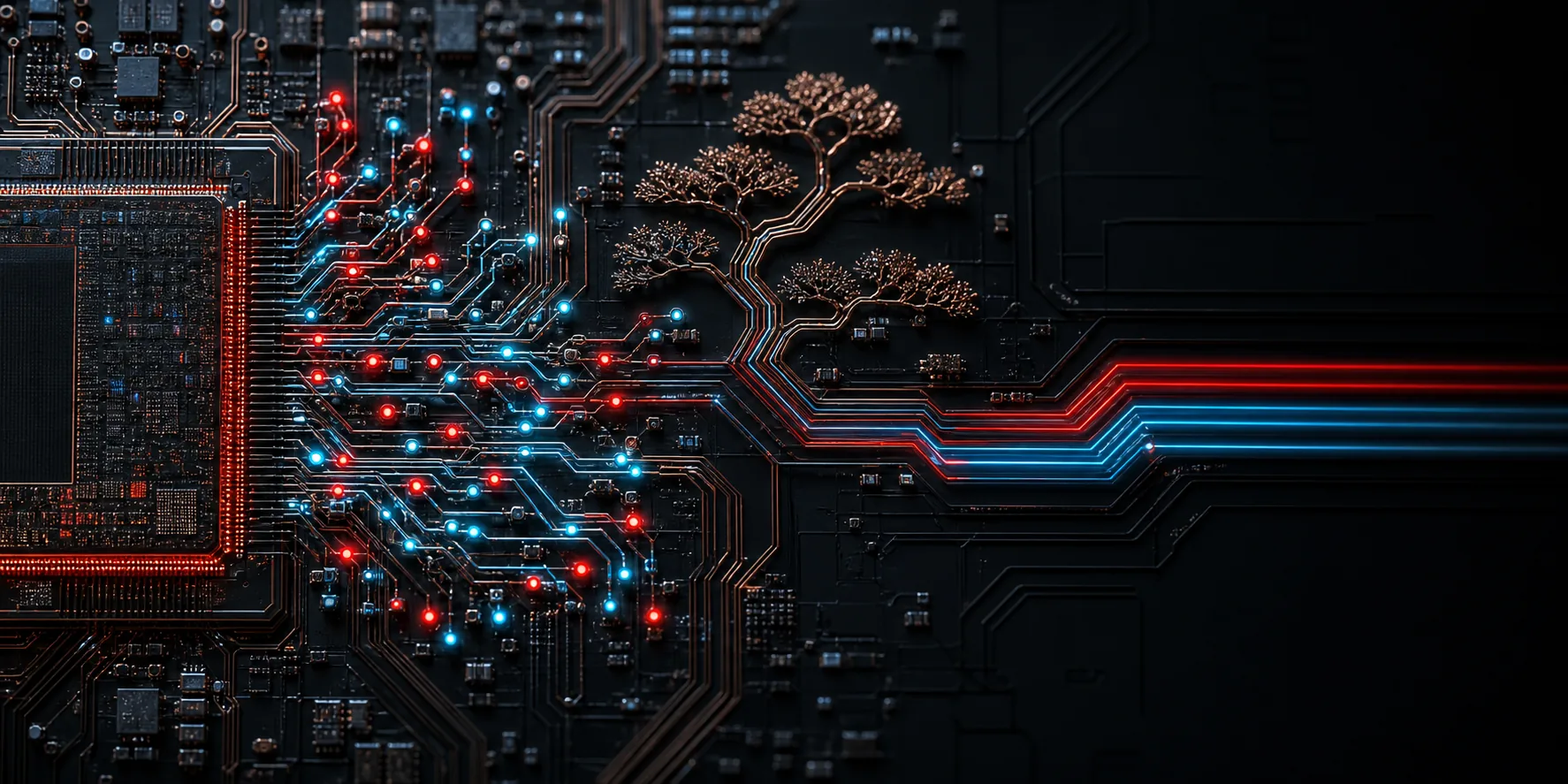 Ternary signal paths and bonsai-shaped circuitry on a dark silicon substrate